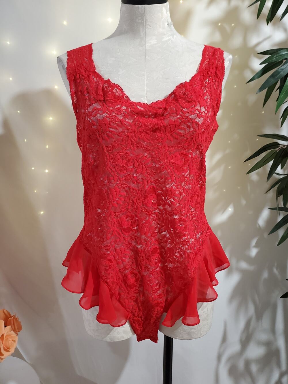 Vtg Victorias Secret 90s Sheer Lace Bow Ruffle Detail Teddy Bodysuit Size L Red